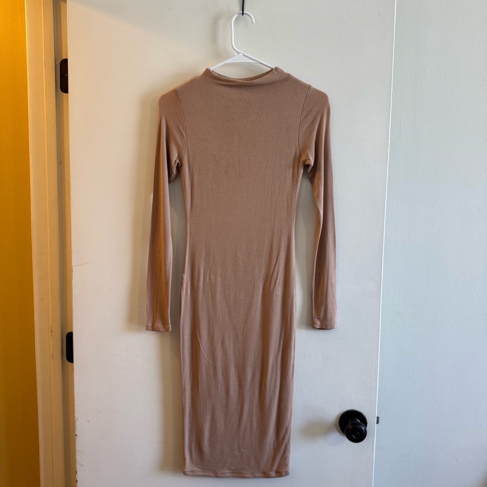 Naked Wardrobe Tan Mock Neck Long Sleeve Bodycon Dress
